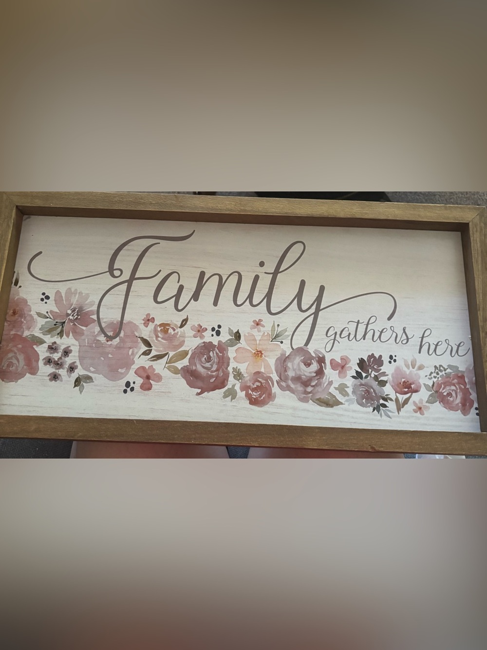 NWT Floral “Family Gathers Here”Wall Sign in Blush and Mauve Wood Frame